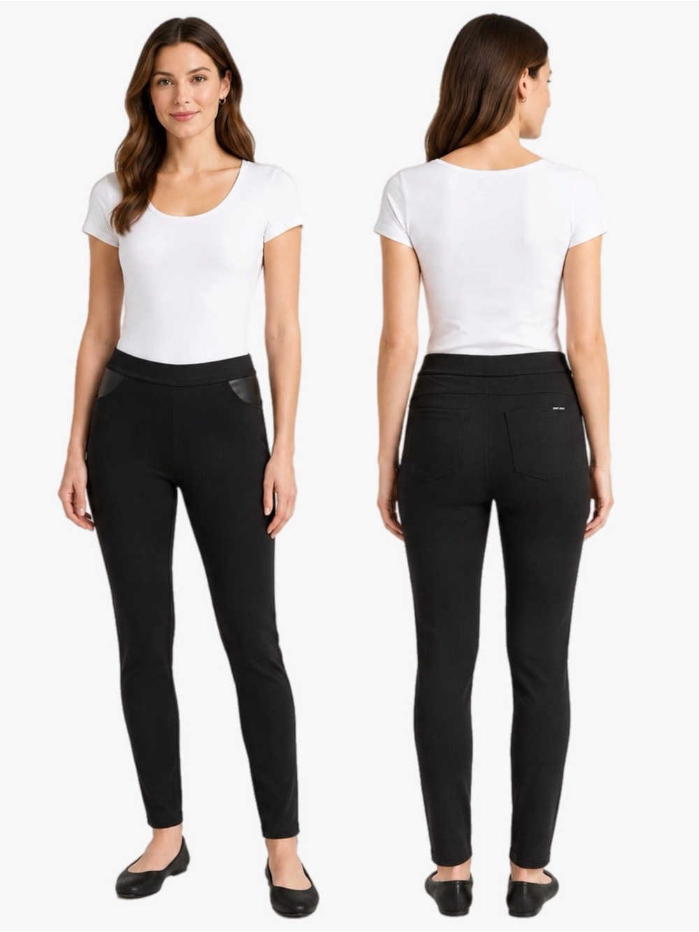 DKNY Jeans Pull-On Ponte Pants Women’s Size L Black Faux Leather Pocket Stretch